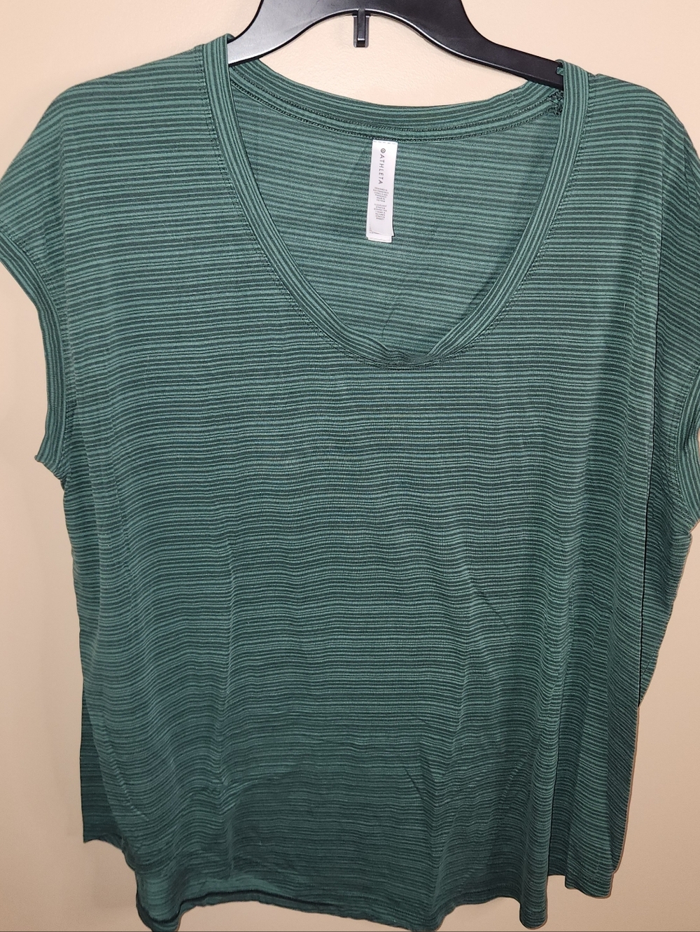 Athleta Green Striped Short Sleeve V-Neck Tee